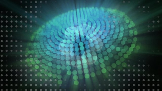 Animation of dots appearing disappearing over a glowing rays circle on green background