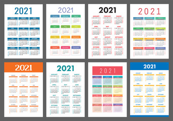 Calendar 2021 year set. Vector pocket or wall calender template collection. Simple design. Week starts on Sunday