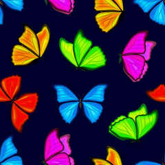 Fototapeta na wymiar multicolor morpho butterflies fly. Seamless pattern. Summer background. Texture for fabric, wrapping, wallpaper. Decorative print.
