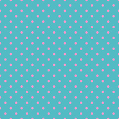 Pink dots on blue background. Seamless pattern. Texture for fabric, wrapping, wallpaper. Decorative print.