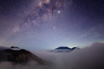 Fototapeta na wymiar Toxic volcano Ijen on Java island, Indonesia. Night sky full of stars, another planet landscape.