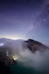 Toxic volcano Ijen on Java island, Indonesia. Night sky full of stars, another planet landscape.