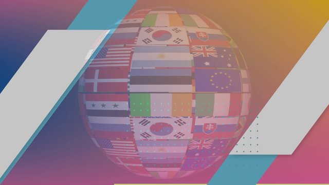 Animation of sphere made of multiple flags and yellow squares on multi-colored background