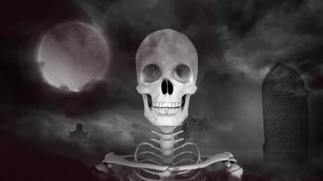 Animation of a skeleton hiding be over a grave and moon shining