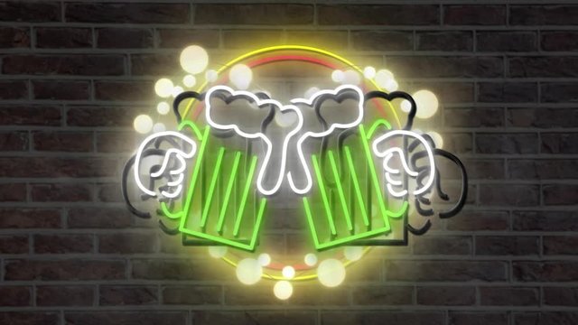 Animation of colored beers over yellow and red circles on brick wall background