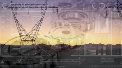 Animation of computer screen displaying information over a machine wheel on sunset background - Powered by Adobe