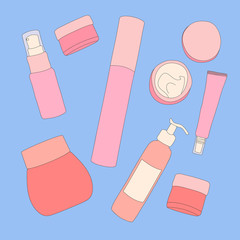 Banner or advertisement for cosmetic products or for skin care routine. 
Set of bottles and packaging of cosmetics  in pink and salmon colors  with blue background. Immitation of hand drawn.