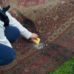 Woman  removing mold from a carpet