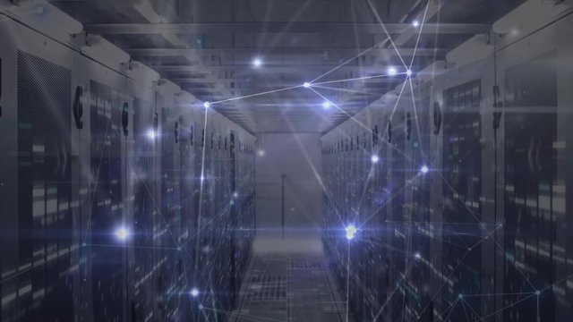 Animation of data processing and network of connections over computer server room