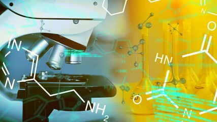 Animation of structural chemical formulae compounds over microscope with scientific data processing - Powered by Adobe