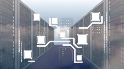 Animation of multiple white squares with connections between them over an empty server room
