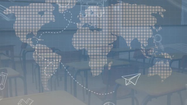 Animation of world map over icons on empty room background