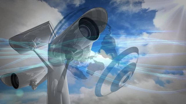 Animation of CCTV cameras with cloudy sky and information flowing in background