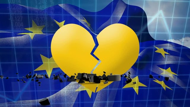 Animation of yellow heart breaking on EU and UK flags floating on blue grid and blue sky background