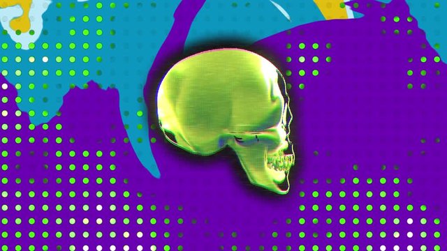 Animation of 3D human scull model spinning with colorful shapes changing on blue lights background