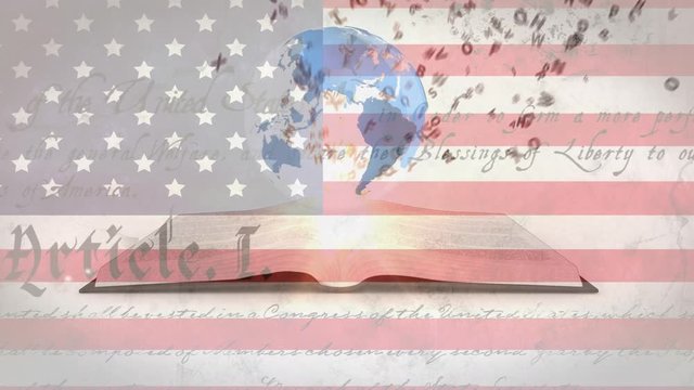 Animation of globe spinning above book letting letters out on the USA flag background