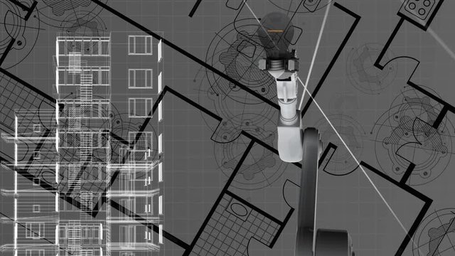Animation of a robot arm holding a light bulb with a 3D building model over an apartment blueprints
