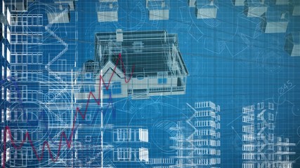 Animation of data processing and statistics showing with a 3D house model spinning over a 3D city model - Powered by Adobe
