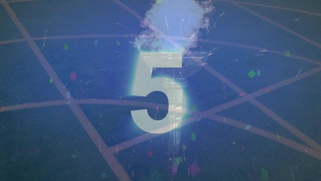 Animation of numbers from 10 to 0 with fireworks and white lines on blue background
