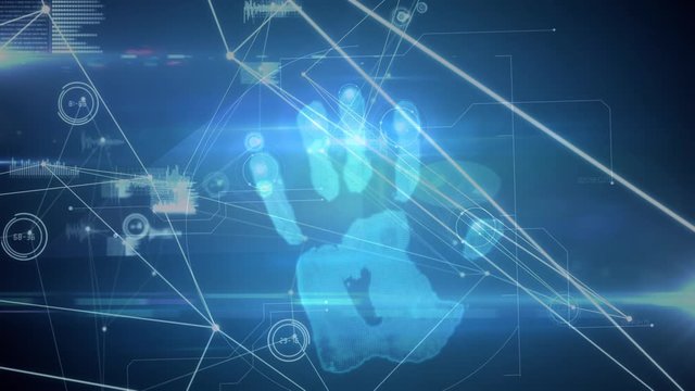 Animation of human palm with data processing and network of screens on blue background