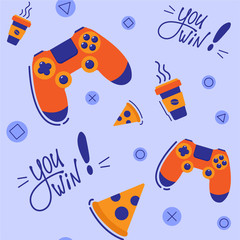 Seamless Game Pattern with Joystick, Pizza, Coffee and Lettering You Win