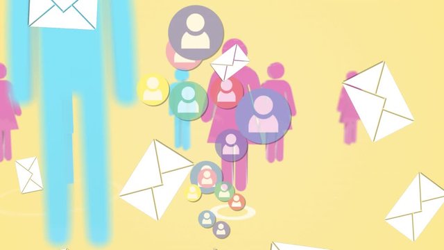 Animation of blue and pink digital people and people icons and envelops on yellow background