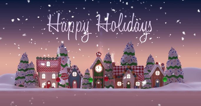 Animation of Happy Holidays written in shiny letter on snowy city