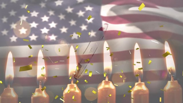 Animation of candles with golden confetti falling on the USA flag floating background