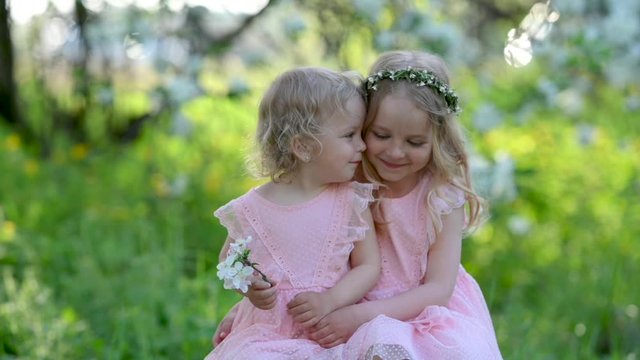 Portrait of two cute little girls in beautiful dresses in the evening park. Little sisters gently hug. happy childhood concept. Rest at nature