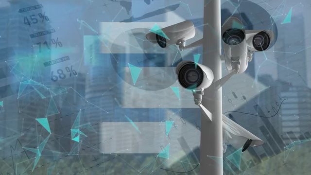 Animation of CCTV cameras with white arrows and statistics recording on background