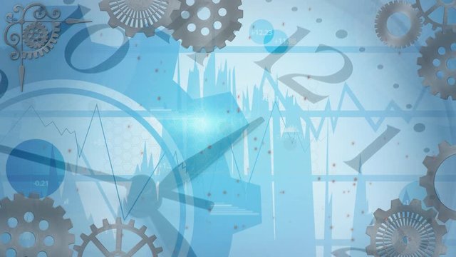Animation of clock moving fast, cogs working and data processing on blue background