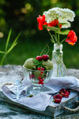 Homemade green homemade avocado ice cream garnished with cherries. Ice cream on a tray on the nature.