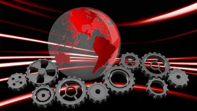 Animation of cogs working and globe spinning and information flowing on background