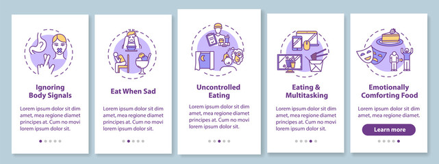 Fototapeta premium Bad eating habits onboarding mobile app page screen with concepts. Uncontrolled eating, ignoring body signals walkthrough 5 steps graphic instructions. UI vector template with RGB color illustrations