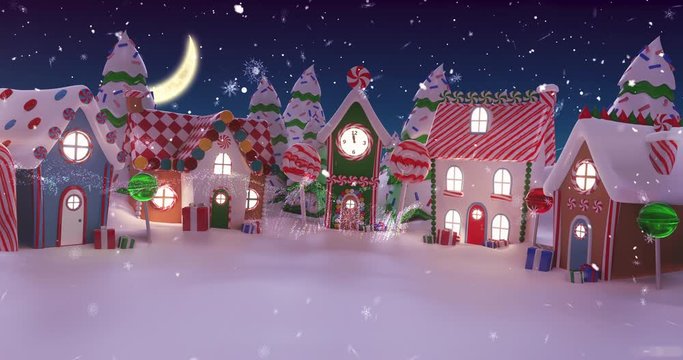Animation of Merry Christmas written in shiny letter on snowy city