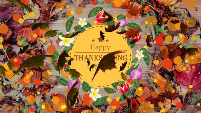 Animation of yellow and orange leaves falling over words Happy Thanksgiving in a yellow circle