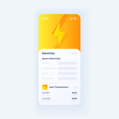 Electricity taxes smartphone interface vector template. Mobile app page white design layout. Utility bills management screen. Flat UI for application. Online banking and payment. Phone display