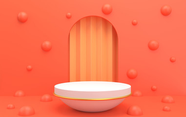 abstract geometric shape group set, orange studio background, arc with hemisphere podium, 3d rendering, scene with geometrical forms, fashion minimalistic scene, simple clean design, curtain on the