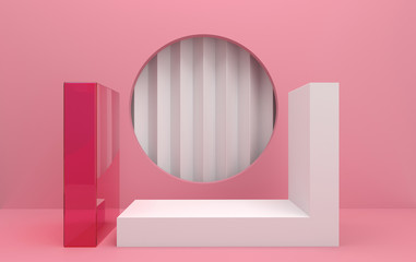 abstract geometric shape group set, pink studio background, rectangle pedestal, 3d rendering, scene with geometrical forms, fashion minimalistic scene, simple clean design, curtain on the background
