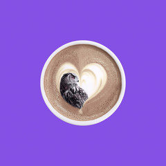 Contemporary collage. Abstraction. View of a cup of cappuccino in which an owl sits.