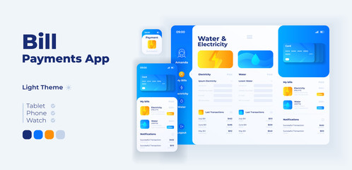 Utility taxes payment app screen vector adaptive design template. Water and electricity invoices application day mode interface with flat characters. Smartphone, tablet, smart watch cartoon UI