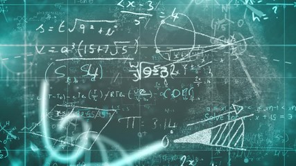 Animation of moving mathematical formulas on grid on black background - Powered by Adobe