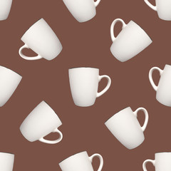 Repeat pattern of minimalist image of ceramic cup on the coffee background, simple coffee mug seamless ornament concept for gift paper, table setting and the like design