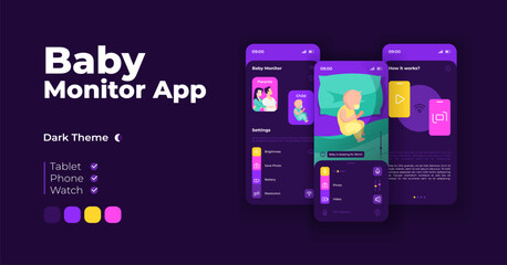 Baby monitor cartoon smartphone interface vector templates set. Mobile app screen page night mode design. Watching over sleeping infant. UI for application. Phone display with flat character
