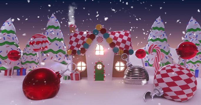 Animation of a snowy house decorated for Christmas