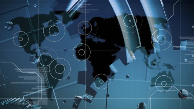 Animation of cogs working, scopes scanning, data processing over world map on background