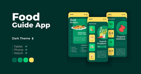 Food guide app cartoon smartphone interface vector templates set. Mobile app screen page night mode design. Best recipes, search for products. UI for application. Phone display with flat objects
