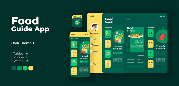 Search for food products app screen vector adaptive design template. Fresh dinner ingredients application night mode interface with flat characters. Smartphone, tablet, smart watch cartoon UI