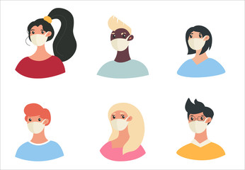 Set of people wearing medical masks