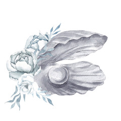Marine illustration with sea shell and flowers, isolated on white background
